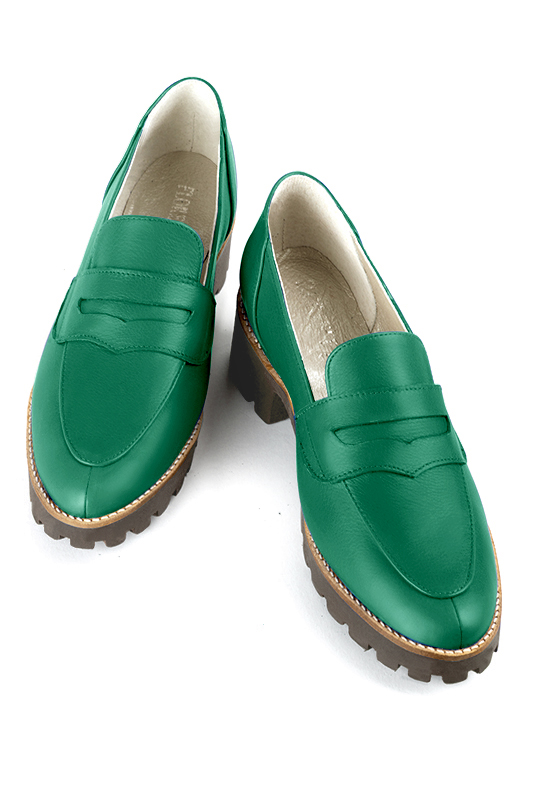 Emerald green women's casual loafers. Round toe. Low rubber soles. Top view - Florence KOOIJMAN